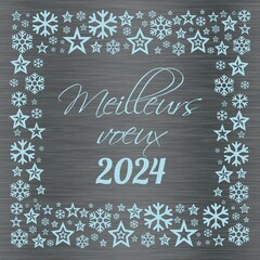 Silver and light blue square wish card new year 2024 written in french with stars and snowflakes - "meilleurs voeux" means "happy new year"