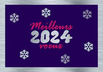 Silver and purple greeting card Happy New Year 2024 written in french in pink with snowflakes - "meilleurs voeux" means "happy new year"