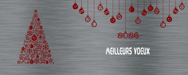 Silver and red wish card new year 2024 written in french in white with a christmas tree with balls and snowflakes, and balls - "meilleurs voeux" means "happy new year"
