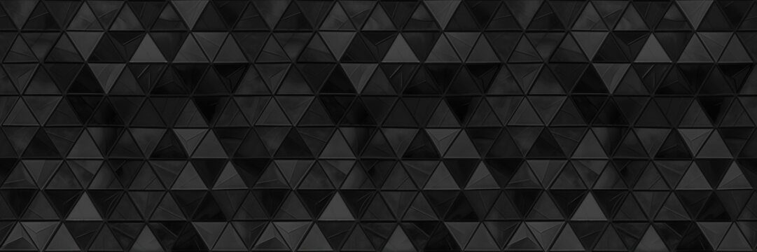 Abstract triangular black anthracite dark grey mosaic tile wallpaper wall or floor texture with geometric triangles background banner, seamless pattern