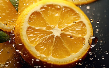 Water Drops on Yellow Lemons and Slices and Leaves on Selective Focus Background