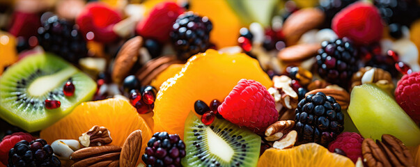 Fototapeta na wymiar Close up photo of mix of fresh fruit and nuts, healthy food concept