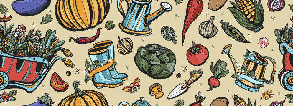 Garden elements and vegetables. Old school tattoo vector seamless pattern. Scarecrow, watering can, garden cart, сabbage, pumpkin, beets, tomato, corn. Farm background of natural food