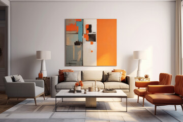 Interior design of a luxurious bright living room with a bright colorful abstract painting on the wall.
