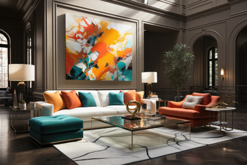 The interior design features a bright art deco style living room with a bright colorful abstract painting on the wall.