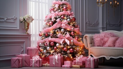Pink Christmas tree decorated with balloons and ribbons and lots of gift boxes. Festive New Year atmosphere of joy and magic