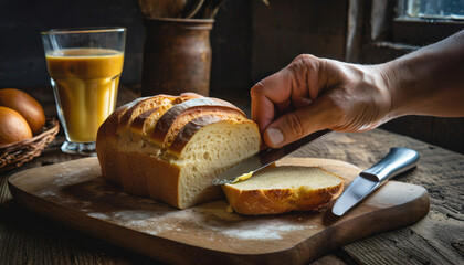 spreading bread with butter to eat with coffee in the morning or afternoon