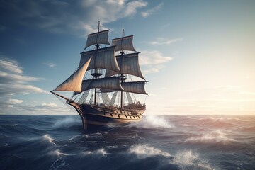 3D illustration of a vintage vessel sailing the sea. Generative AI