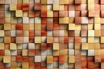 3D render of a soft, sheen wall background with square tiles and timber blocks resembling a tile wallpaper. Generative AI