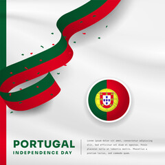 Square Banner illustration of Portugal independence day celebration with text space. Waving flag and hands clenched. Vector illustration.