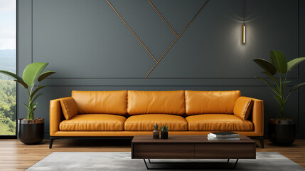 Living Room With Leather Brown Sofa on Empty Space For Text Background