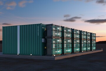 3D rendering of high-capacity battery energy storage facility utilizing shipping containers. Generative AI - obrazy, fototapety, plakaty