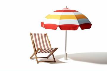 Deck chair, sunshade, beach ball on white background. Generative AI