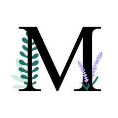 Floral alphabet, letter M with flowers and leaf. For invitations, greeting card, logo, poster and other design.