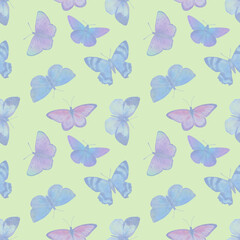 delicate butterflies of blue color isolated on light green background, seamless pattern