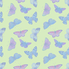delicate butterflies of blue color isolated on light green background, seamless pattern