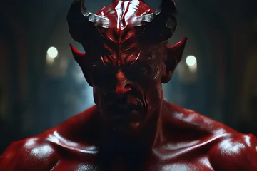 Fotobehang close up of red king demon with horns close up of red king demon with horns devil with red devil head. demon with horns. © Shubham