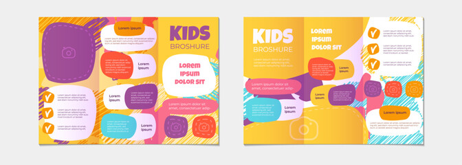 Cute creative kids multi colored cover design for advertising brochure with children pattern and abstract shapes. Corporate trifold brochure layout. Vector design - obrazy, fototapety, plakaty