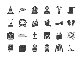Funeral agency glyph icon set. Hearse, coffin, dove, gravestone, wreath, suit, bible, priest flat vector cymbol.