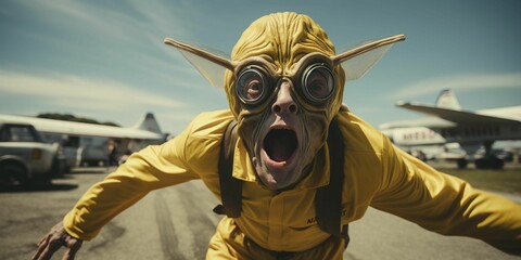a man wearing a yellow suit and goggles and mouth open standing in a parking