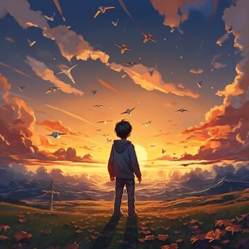 Illustration painting the boy looking at paper airplanes and planes flying in the sunset sky, 