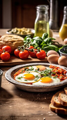 Obraz na płótnie Canvas Top View of Italian mediterranean breakfast on Blurry Background