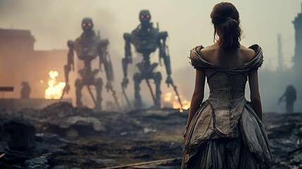 AI generated illustration of a female standing in a desolated apocalyptic war scene with robots - obrazy, fototapety, plakaty
