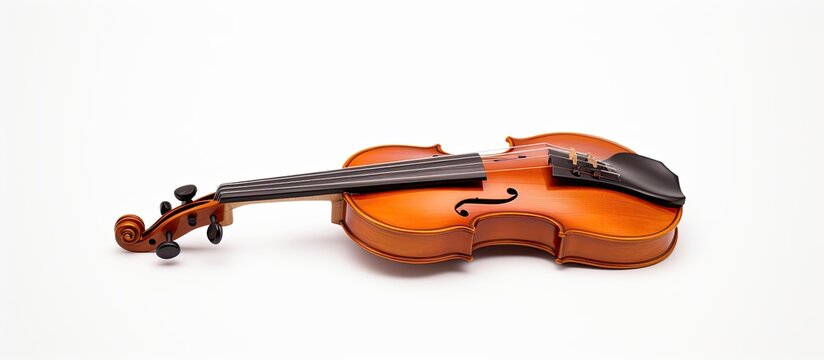 A violin used in an orchestra for making music is pictured alone on a white background