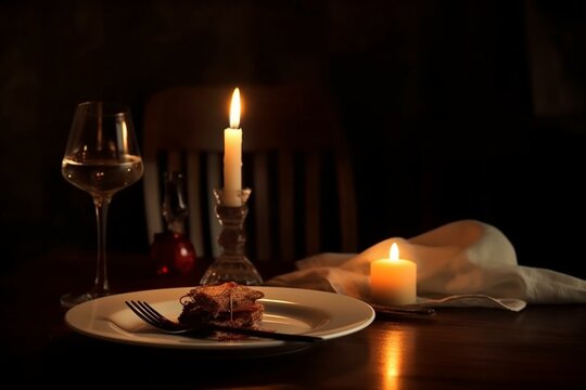 Romantic dinner with candlelight for a date on Valentine's Day. Generative AI