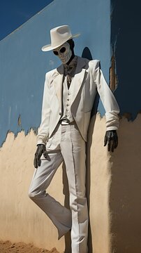 AI generated illustration of an alien man in a white smart suit posing at a weathered wall