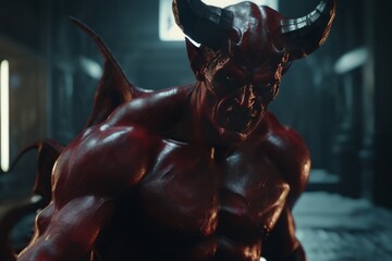 devil with demon in red horns. halloween devil with demon in red horns. halloween red devil with demon horns - obrazy, fototapety, plakaty