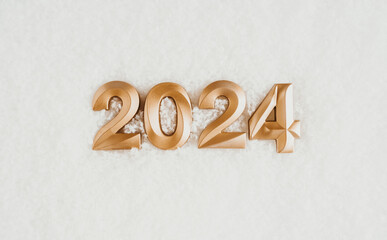 Greeting card - happy new year with numbers 2024 in artificial snow on white background.