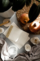 Mockup of daily planner, pomegranates, glass of water, gray blanket, candles, palo santo stick, crystal and a houseplant