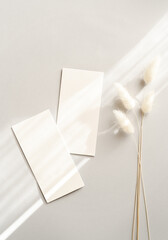 Flat lay of two blank cards sheet on aesthetic pastel grey background with sunlight and shadows.