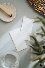 Flat lay of two blank cards sheet on aesthetic pastel grey background with plants and palo santo on sunlight background