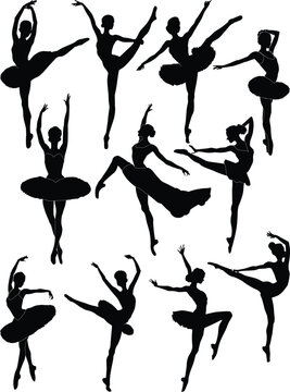 eleven ballet dancer silhouettes isolated on white background