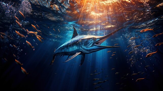 AI generated illustration of a majestic blue marlin swimming through the cerulean ocean