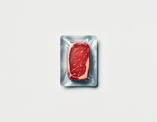 Vacuum-Sealed Raw Beef Steak Fillet in Clear Plastic Packet - Aerial View
