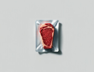 Raw Ribeye Steak Fillet Vacuum-Sealed in Transparent Plastic - Aerial View