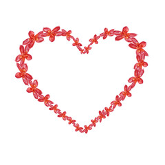 Watercolor composition with pink plumeria flowers. Hand drawn pink tropical flowers in the shape of a heart. Composition for cards, invitations