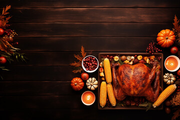 Top view Thanksgiving banner with roast turkey dish on rustic table with candles and string lights. Promotional materials for holiday meal