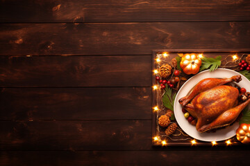Top view Thanksgiving banner with roast turkey dish on rustic table with candles and string lights. Promotional materials for holiday meal