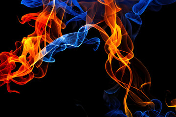 Abstract orange and blue swirls of fire flames and smoke with swirls and twist on black background modern style