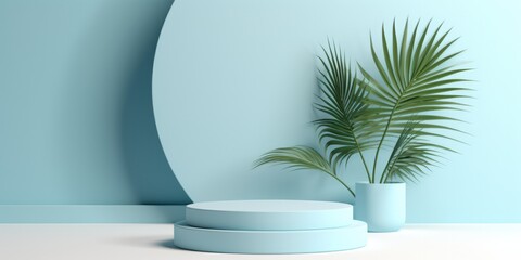 Fototapeta premium Green palm plant on a pedestal and blue, in the style of circular shapes, minimalist stage designs. There is space to place products.