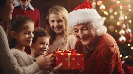 Fototapeta na wymiar grand mother with her kids celebrating Christmas