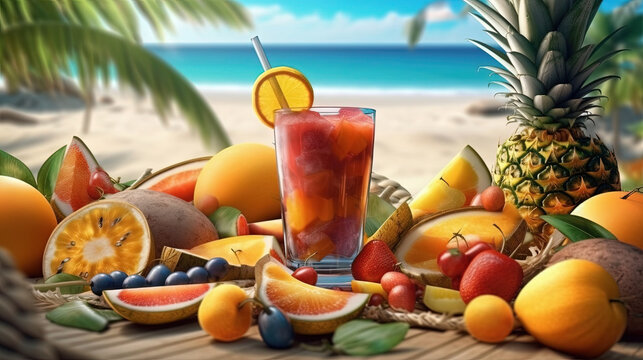 Watercolor Painting of Fresh Juice Coctail and Fruits Summer Tropical Beach Blurry Background
