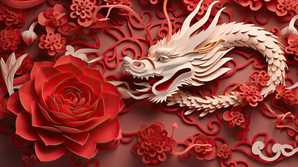 Golden dragon and paper cut plum blossoms. Celebration banner for the Chinese New Year. 2024 is the Year of the Dragon.