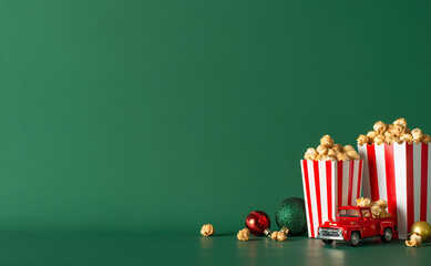 Embrace holidays from comfort of your home with popcorn delivery service. This side view image...