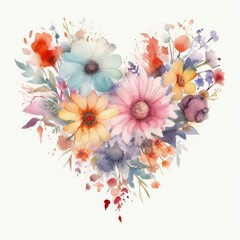 Floral heart. Heart of flowers. Wedding card. Love symbol on white background. Valentine watercolor poster, Generative AI