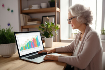 Smiling elderly woman at home making investments with her laptop